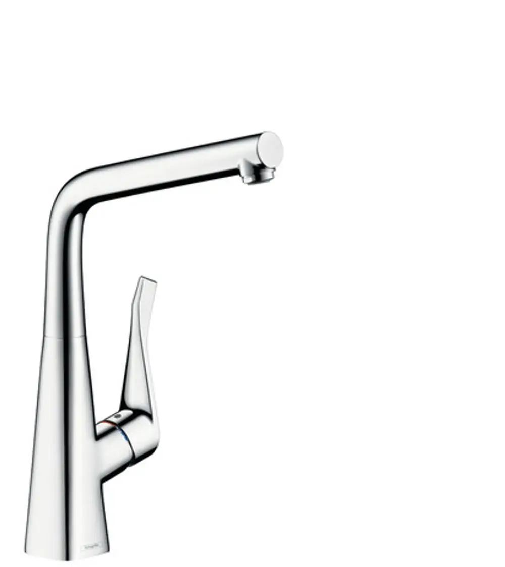 Chromfarbener Hansgrohe-Faucet mit einem hohen, geraden Auslauf und einem seitlichen Hebel zur Temperatur- und Mengeneinstellung. Design für den Spültisch.